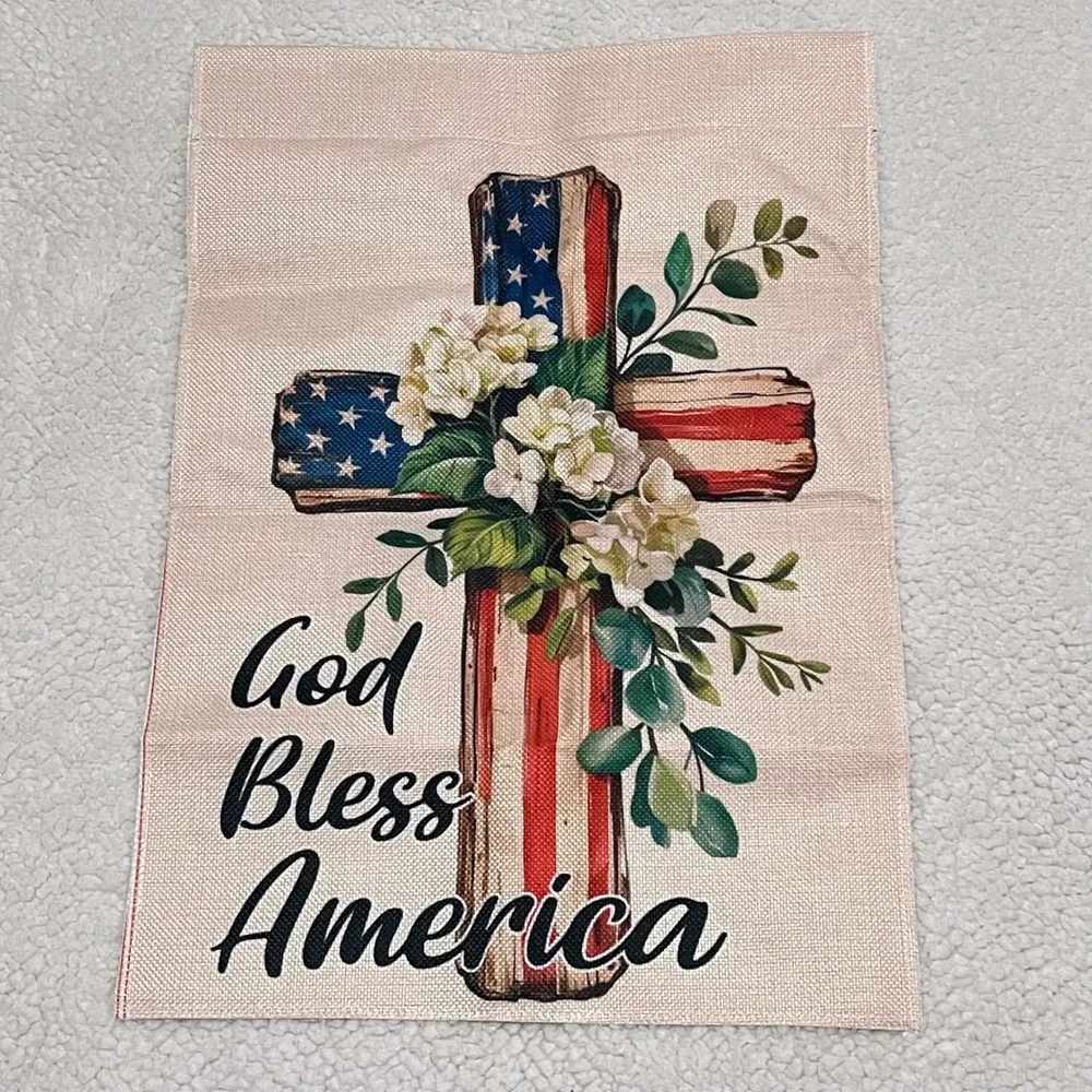 God Bless America Patriotic Garden Flag American Flag Cross Burlap 12x18